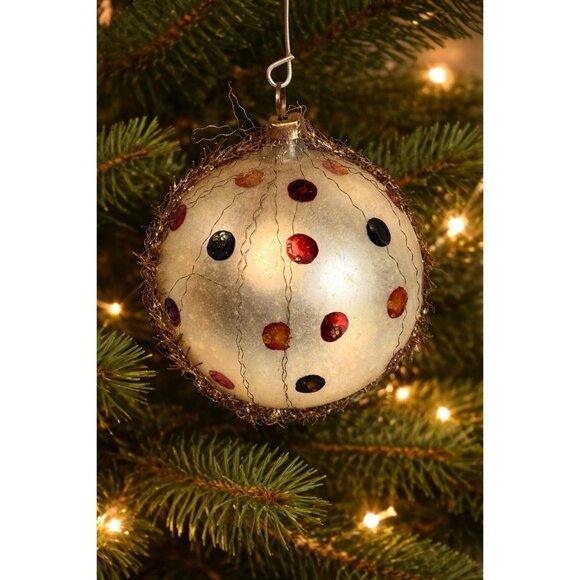 Vintage Germany Wire Wrapped Frosted White Glass Confetti Dot Ornament 2 1/2" - Picture 2 of 9